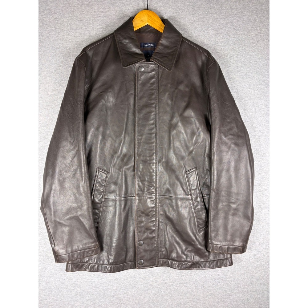 Nautica Leather Jacket Chocolate Brown Mens M Full Zip